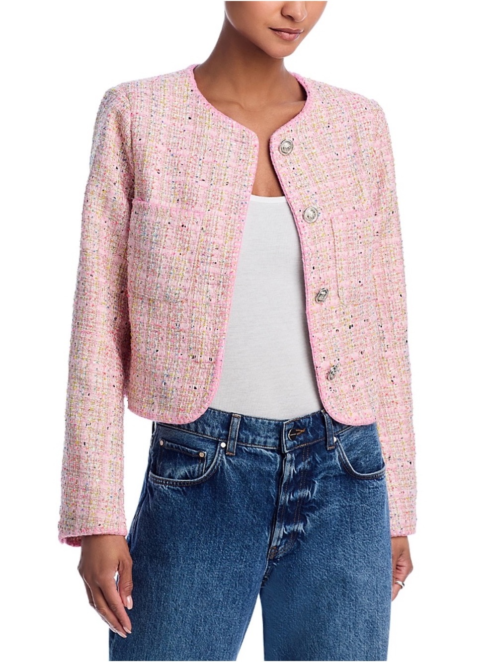 AQUA Bloomingdales Pink Multicolor Tweed Cropped Jacket